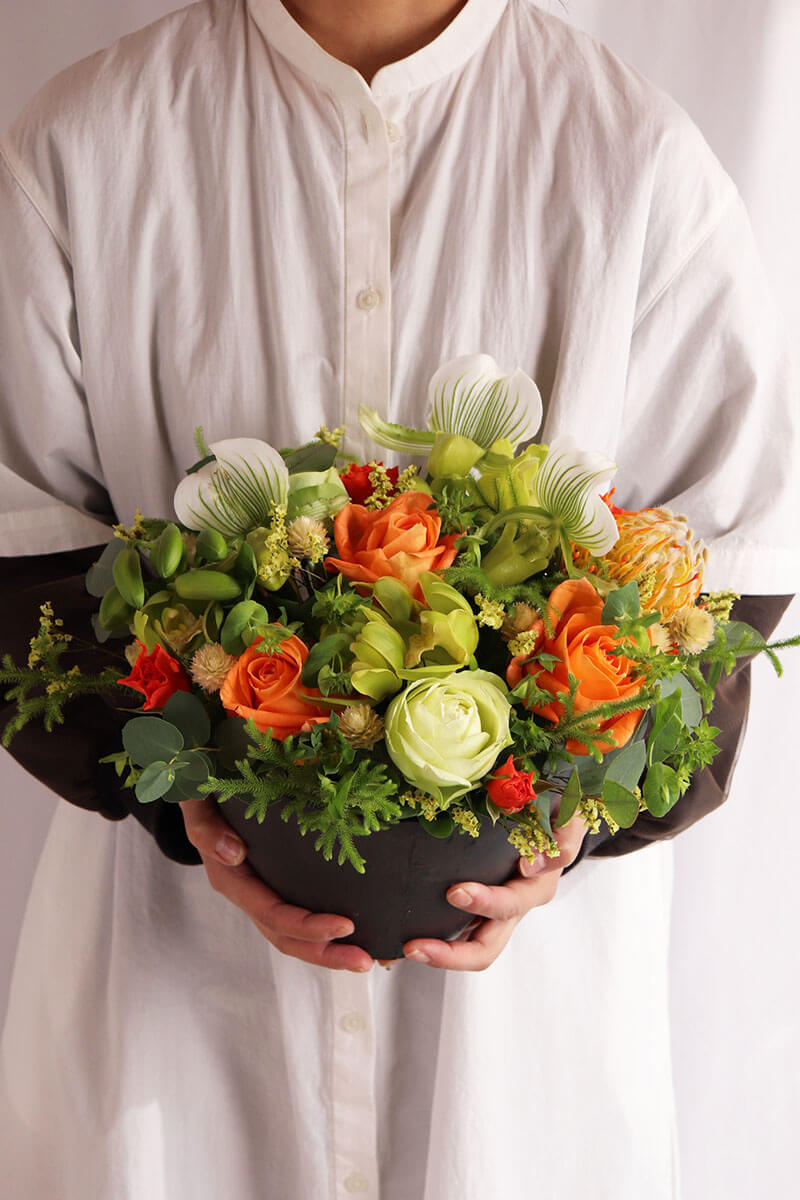 季節のおまかせオレンジ・グリーン系コンパクトアレンジ